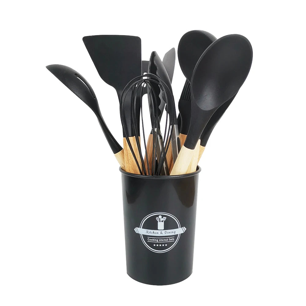 Kitchen Cooking Tool 12Pcs Food Grade Silicone Cookware Utensils Spatula Spoon with Wooden Handle,Kitchenware Gadgets Sets