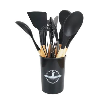 Kitchen Cooking Tool 12Pcs Food Grade Silicone Cookware Utensils Spatula Spoon with Wooden Handle,Kitchenware Gadgets Sets