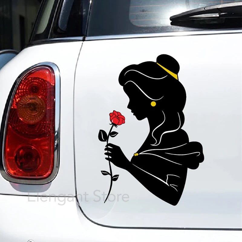 Beauty and Beast Vinyl Sticker Laptop Car Window Decal Stickers Classic Cartoon Princess Belle With Rose Hand Phone Decals Decor