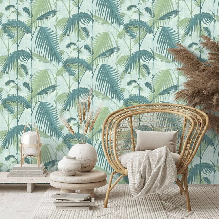 Palm Jungle Wallpaper in Light Green, Papier peint Palm Leaves,Tropical Botanical Wallpaper in scandinavian style,Un-paste Mural