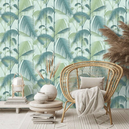 Palm Jungle Wallpaper in Light Green, Papier peint Palm Leaves,Tropical Botanical Wallpaper in scandinavian style,Un-paste Mural