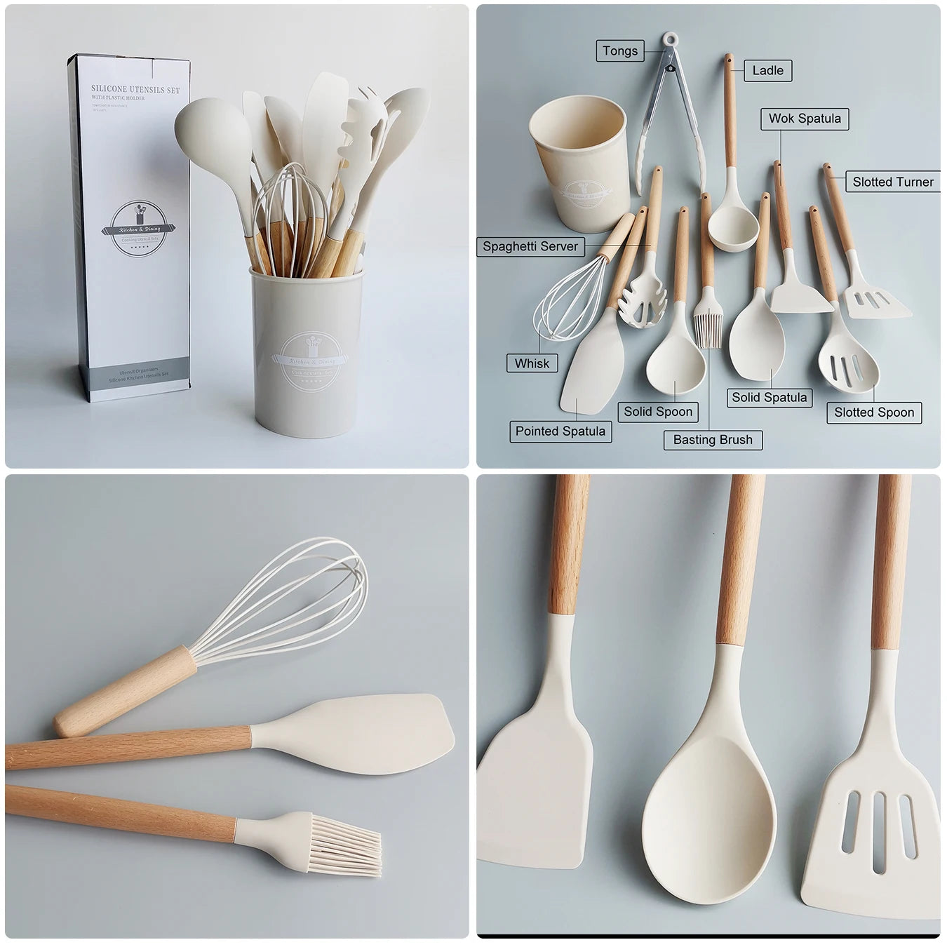 Kitchen Cooking Tool 12Pcs Food Grade Silicone Cookware Utensils Spatula Spoon with Wooden Handle,Kitchenware Gadgets Sets