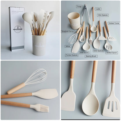 Kitchen Cooking Tool 12Pcs Food Grade Silicone Cookware Utensils Spatula Spoon with Wooden Handle,Kitchenware Gadgets Sets