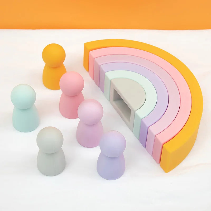 Silicone Geometric Rainbow Building Block BPA Free Babys Silicone Teether Educational Montessori Toys Stacking Block Baby Gifts