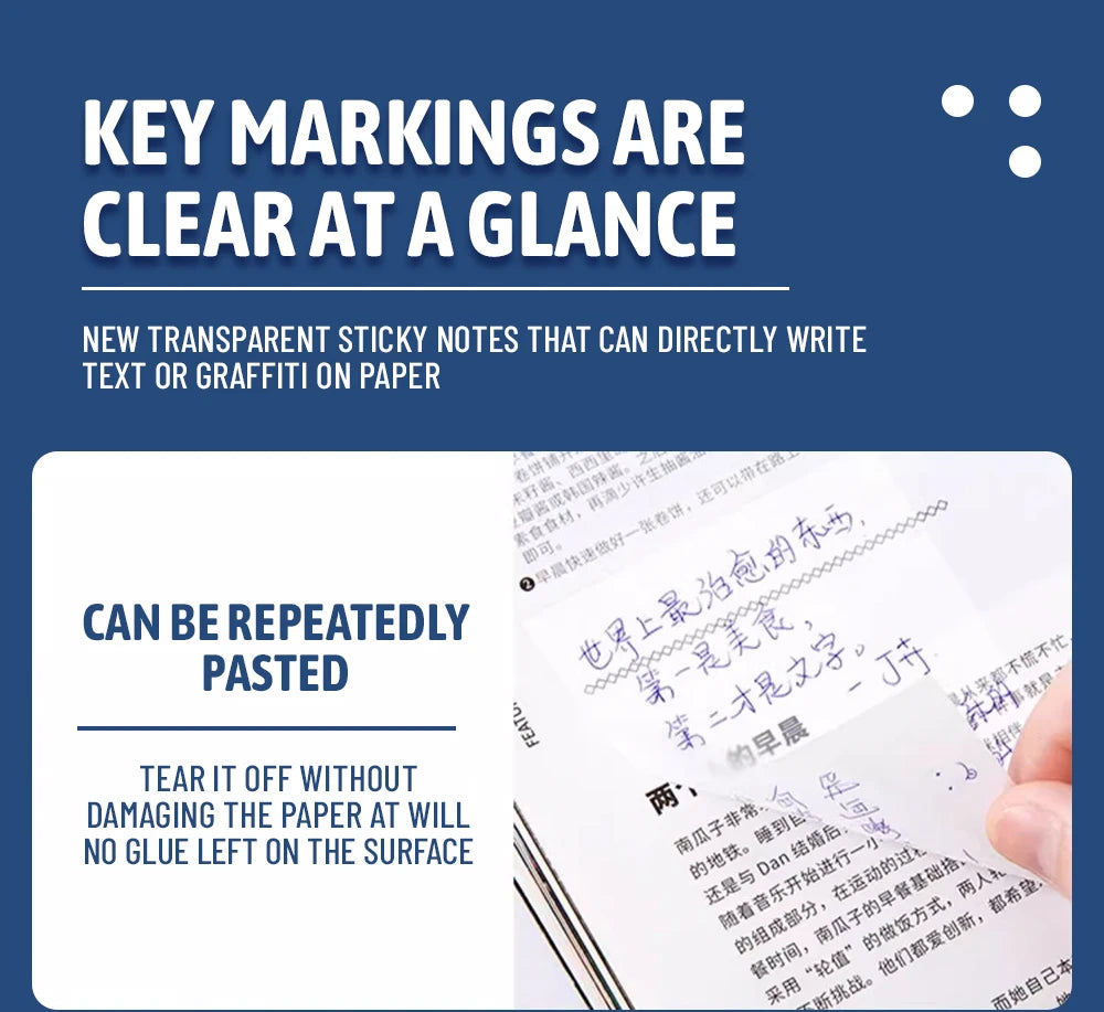 50/100 Sheets Sticky notes Reusable Transparent sticky notes Waterproof note paper for School office stationery Bookmark Marker