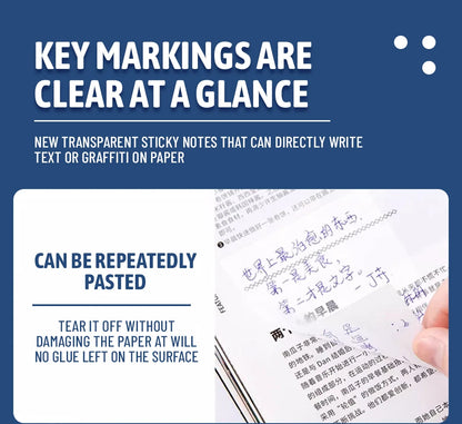 50/100 Sheets Sticky notes Reusable Transparent sticky notes Waterproof note paper for School office stationery Bookmark Marker