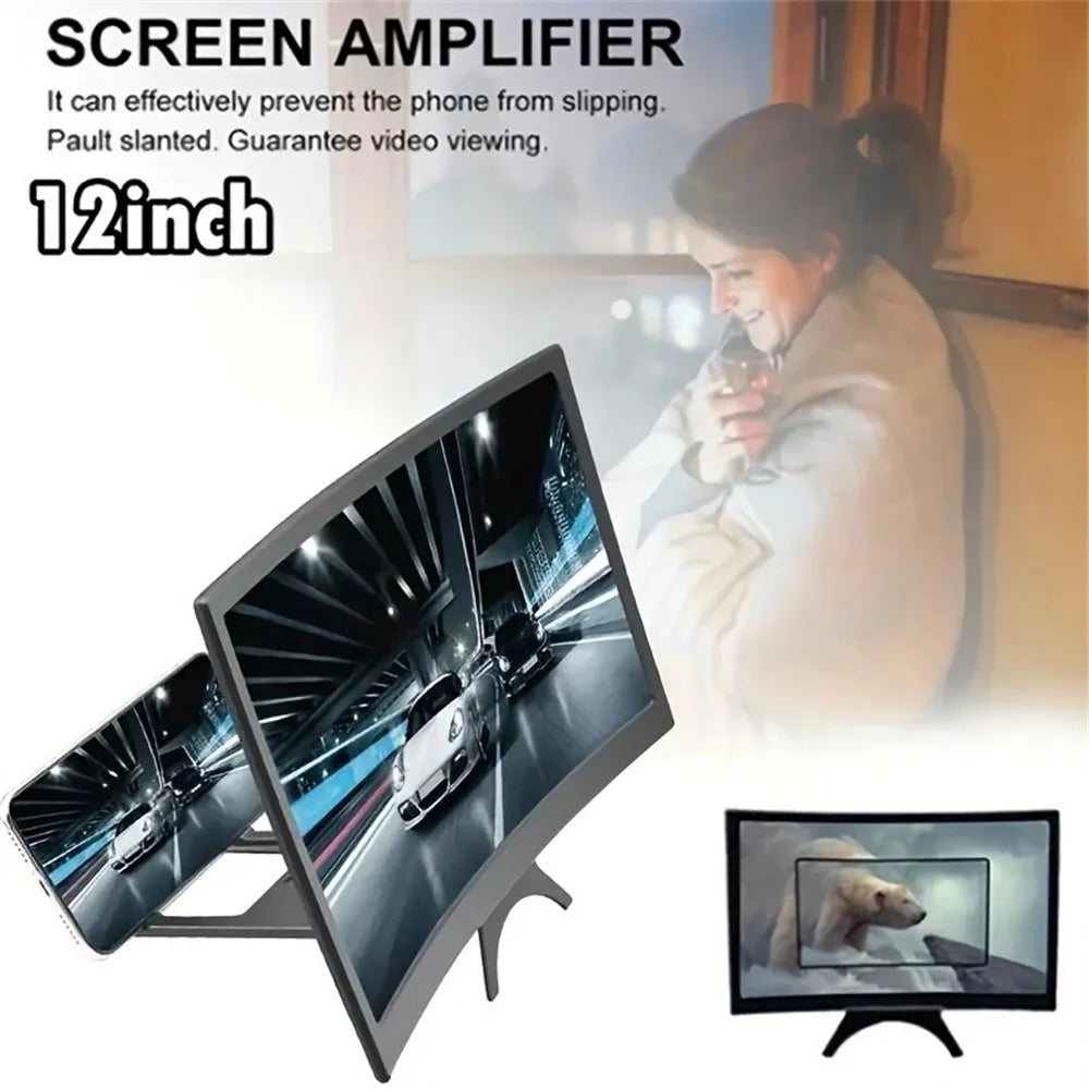 3D HD 12 Inch Phone Screen Magnifier Curved Screen Movie Video Amplifier Stand Portable Smartphone Large Screen Amplifier Holder