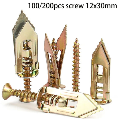 100/200pcs Self Drilling Drywall Anchors with ScXrews Expansion Nail Self-Tappe Screw Kit Heavy Duty Metal Wall Anchors 12X30mm