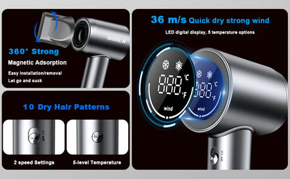 Hair Dryer - Negative Ionic Blow Dryer with 150000 RPM High Speed Brushless Motor for Fast Drying, Low Noise, HD Display Hair Dr