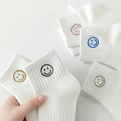 5 Pairs of Whimsical Cartoon Face Print Short Socks - Soft, Breathable, and Comfortable Polyester Knit Fabric