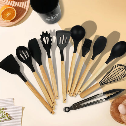 Kitchen Cooking Tool 12Pcs Food Grade Silicone Cookware Utensils Spatula Spoon with Wooden Handle,Kitchenware Gadgets Sets