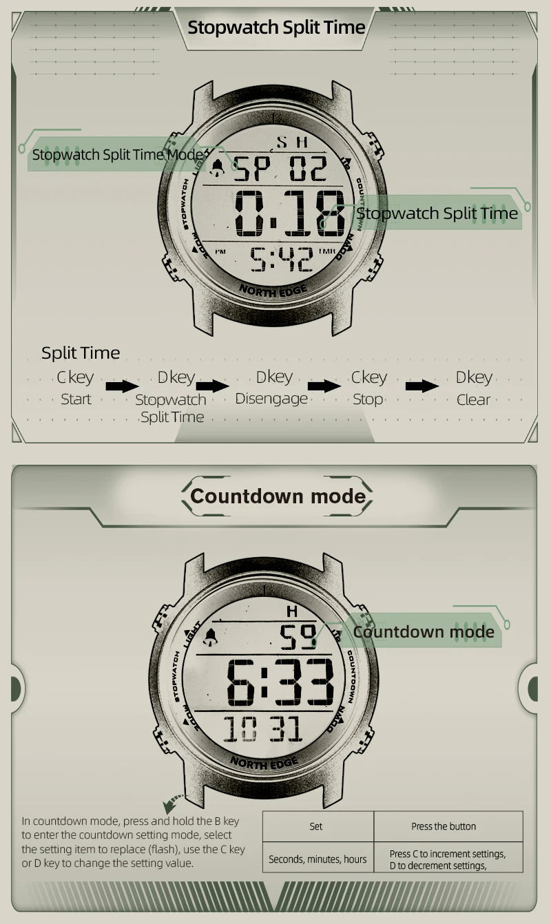 NORTH EDGE Men Watch Digital Watch Outdoor Sports Watch Fashion LED Men Watch Waterproof 50M Countdown Alarm Clock 2022New Watch