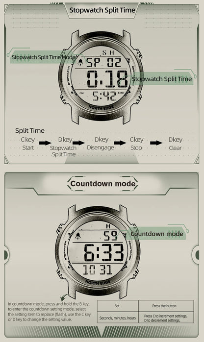 NORTH EDGE Men Watch Digital Watch Outdoor Sports Watch Fashion LED Men Watch Waterproof 50M Countdown Alarm Clock 2022New Watch