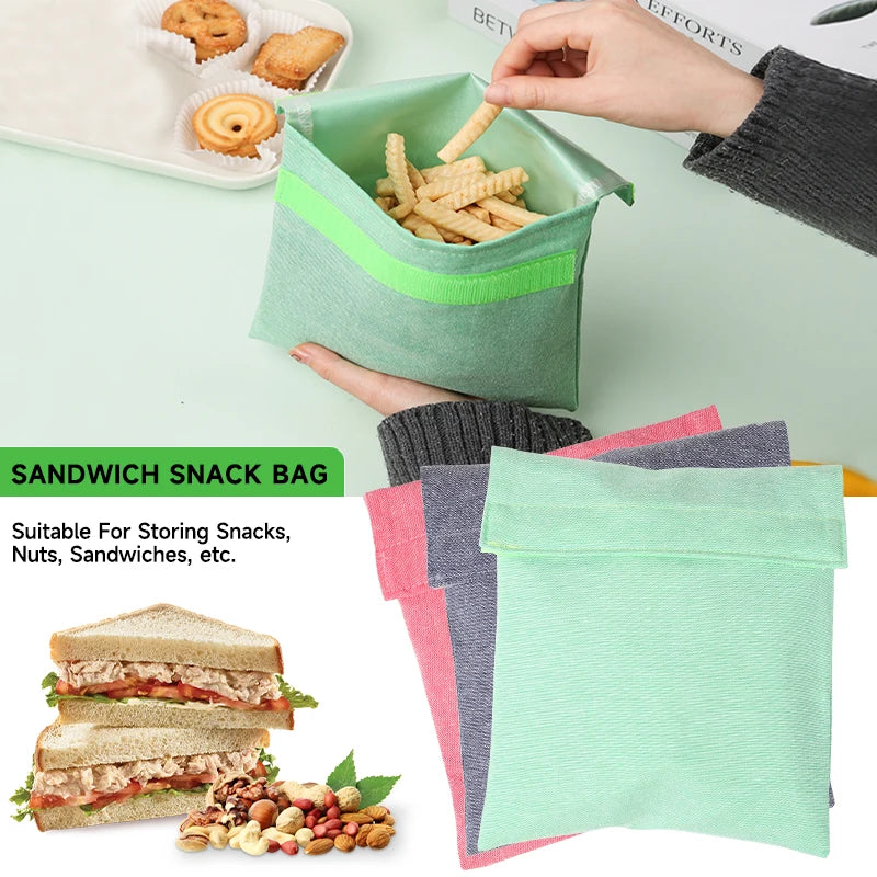 Reusable Sandwich Storage Bag TPU Lining Velcro Snack Bags for Kids Washable Waterproof Food-Safe Reusable Snacks Bags