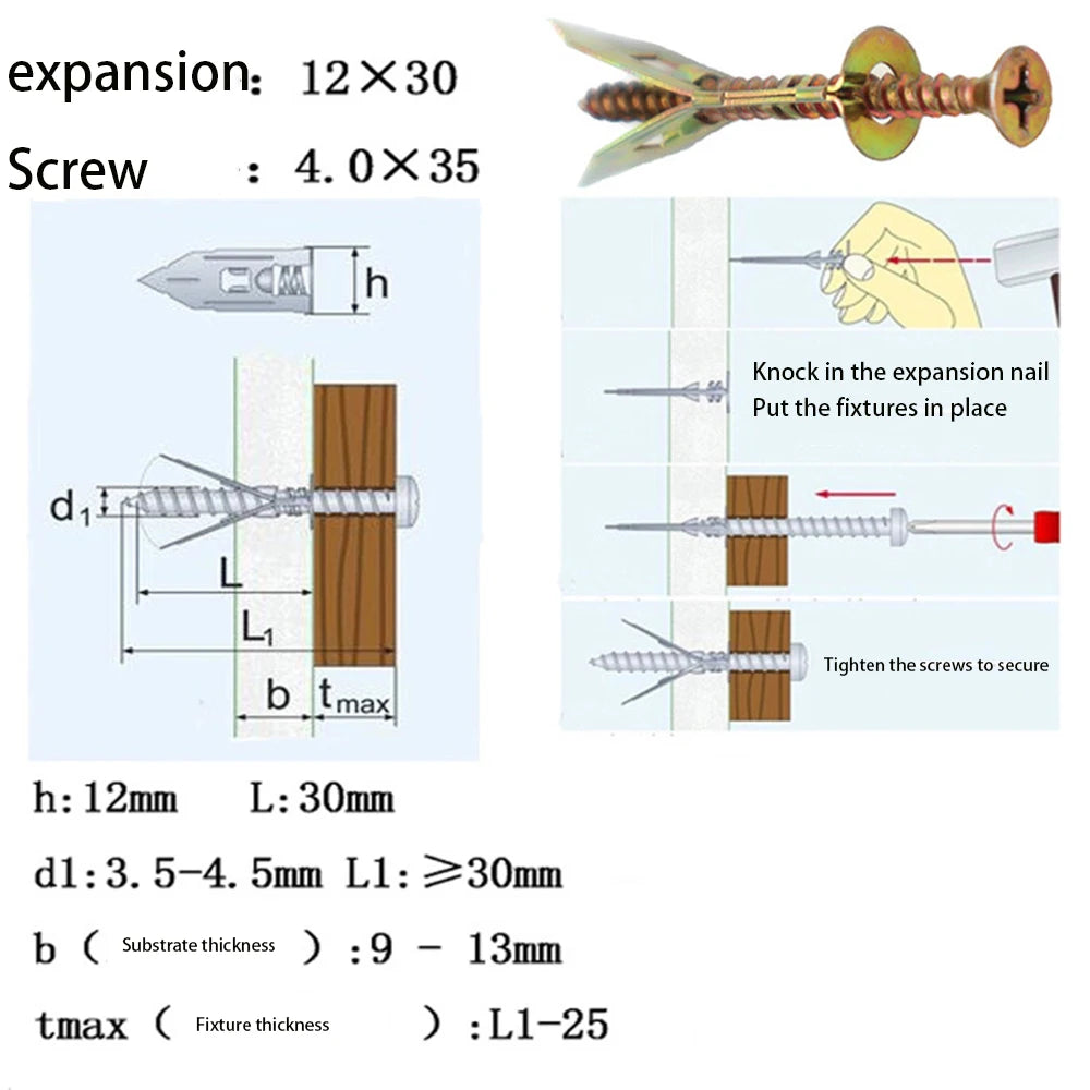 100/200pcs Self Drilling Drywall Anchors with ScXrews Expansion Nail Self-Tappe Screw Kit Heavy Duty Metal Wall Anchors 12X30mm