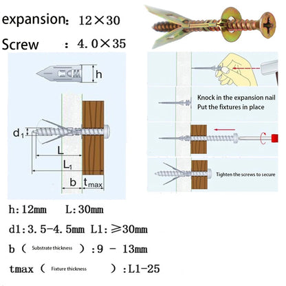 100/200pcs Self Drilling Drywall Anchors with ScXrews Expansion Nail Self-Tappe Screw Kit Heavy Duty Metal Wall Anchors 12X30mm