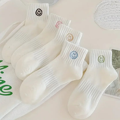 5 Pairs of Whimsical Cartoon Face Print Short Socks - Soft, Breathable, and Comfortable Polyester Knit Fabric