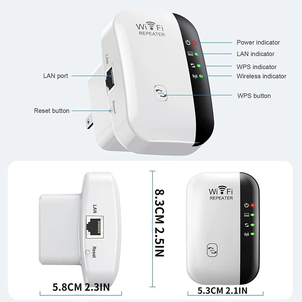 Compact WiFi Extender Wireless Signal Booster Repeater AP Mode Dual Band 300Mbps for Home Router Works with Most Routers