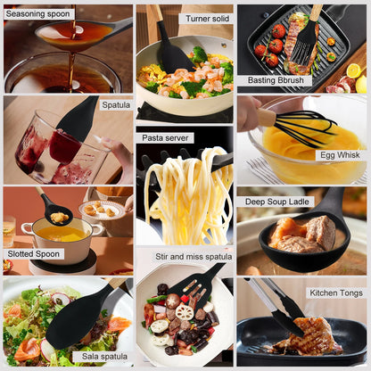 Kitchen Cooking Tool 12Pcs Food Grade Silicone Cookware Utensils Spatula Spoon with Wooden Handle,Kitchenware Gadgets Sets