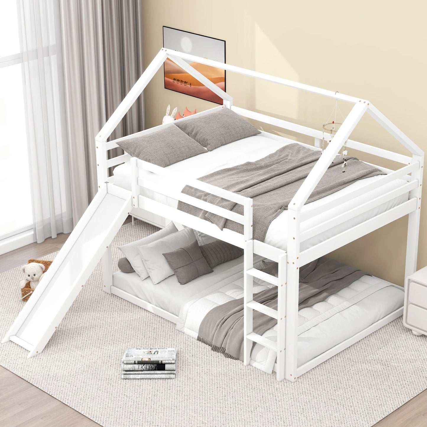 140x200cm Double bed children's bed house bed bunk bed with slide and ladder, children's room high double bunk bed, white