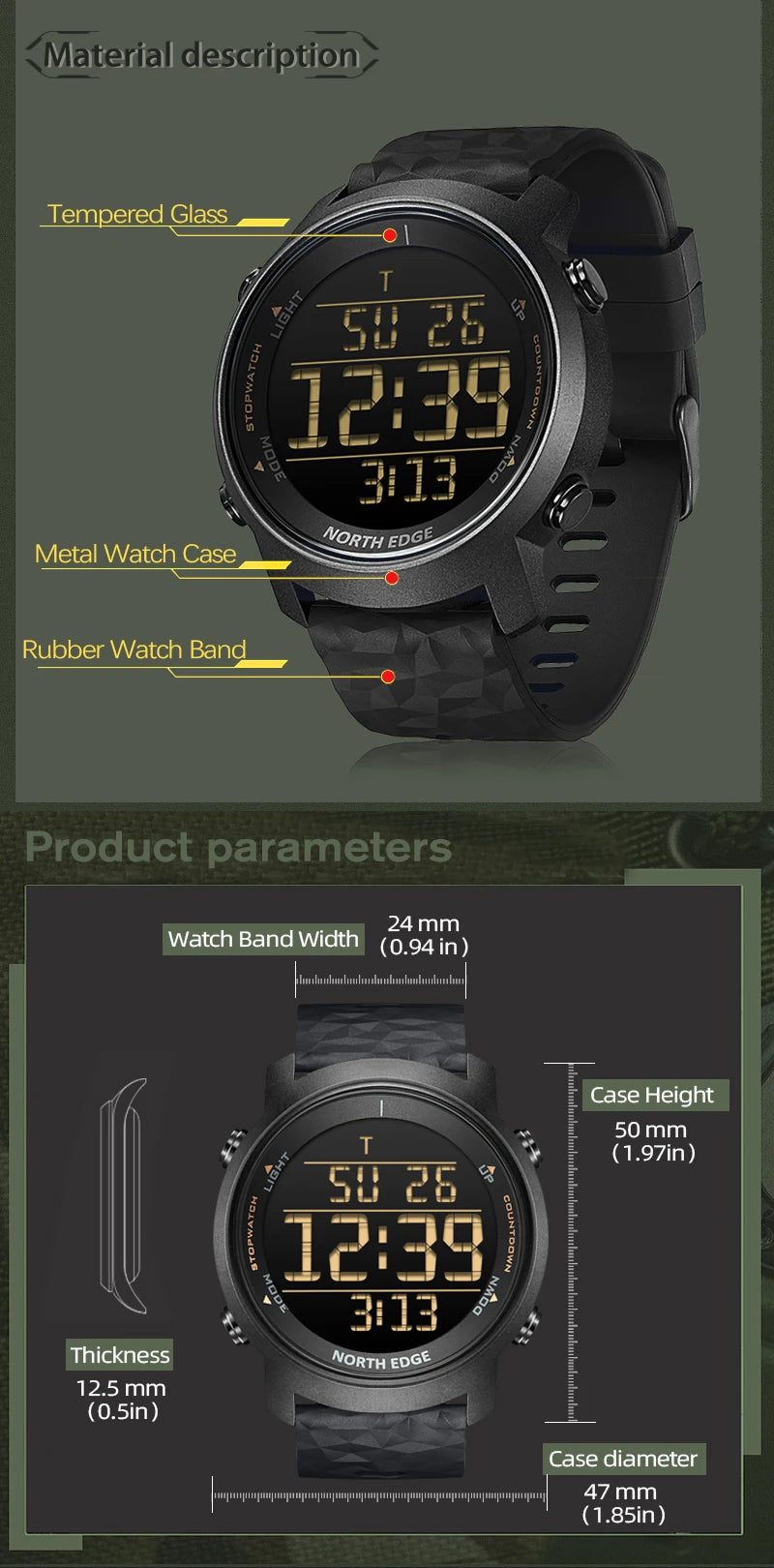 NORTH EDGE Men Watch Digital Watch Outdoor Sports Watch Fashion LED Men Watch Waterproof 50M Countdown Alarm Clock 2022New Watch