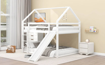 140x200cm Double bed children's bed house bed bunk bed with slide and ladder, children's room high double bunk bed, white
