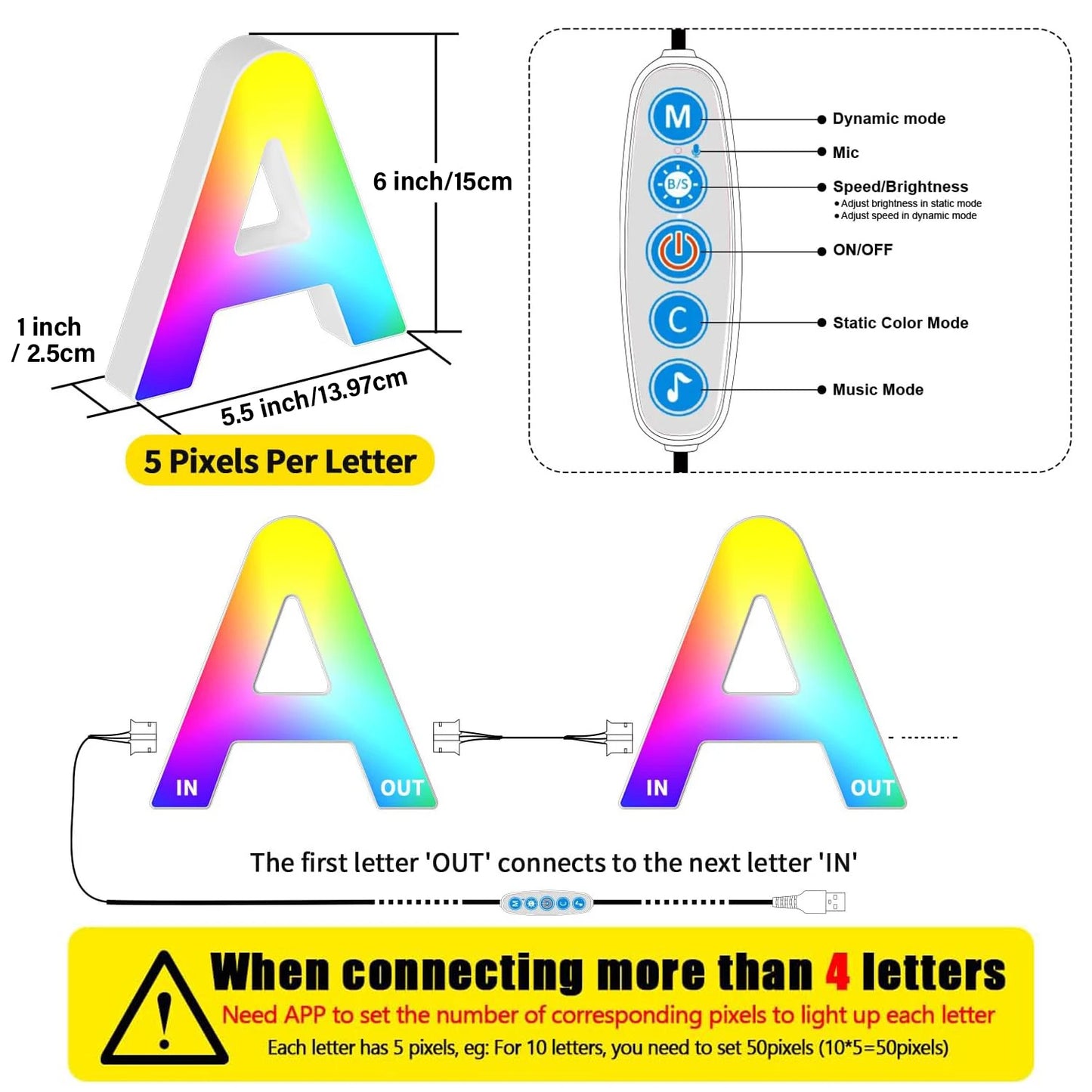 Smart LED Letters Lights Alphabet Light Decorative Name Letter Number Lamp Night Light USB MeRGBW App Music Sync Logo Game Home