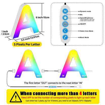 Smart LED Letters Lights Alphabet Light Decorative Name Letter Number Lamp Night Light USB MeRGBW App Music Sync Logo Game Home