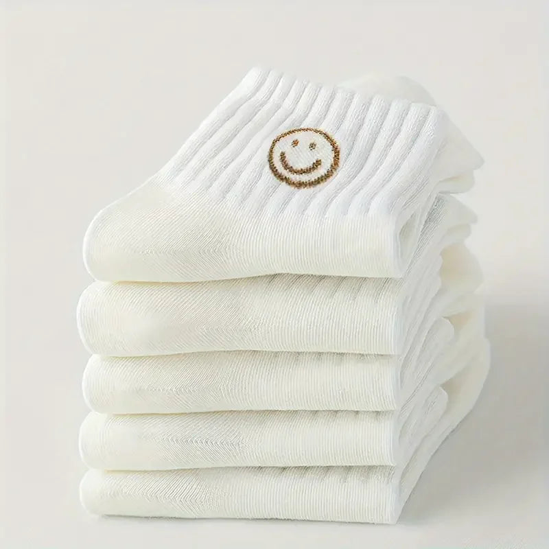 5 Pairs of Whimsical Cartoon Face Print Short Socks - Soft, Breathable, and Comfortable Polyester Knit Fabric