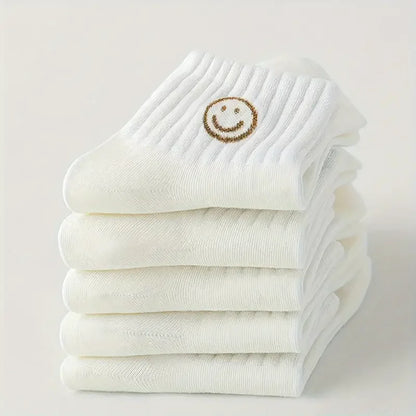 5 Pairs of Whimsical Cartoon Face Print Short Socks - Soft, Breathable, and Comfortable Polyester Knit Fabric