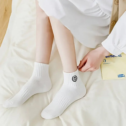 5 Pairs of Whimsical Cartoon Face Print Short Socks - Soft, Breathable, and Comfortable Polyester Knit Fabric