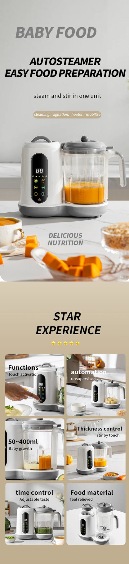 Multifunctional Baby Food Maker Supplementary Food Processor Kids Food Mill Steaming Stirring Warming Cooking Machine