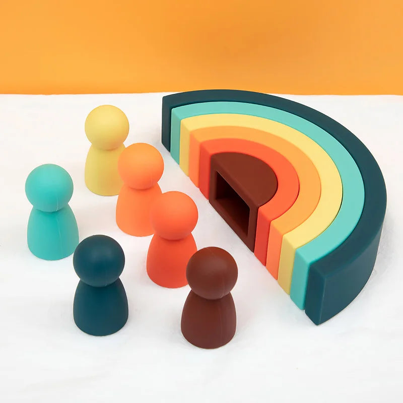 Silicone Geometric Rainbow Building Block BPA Free Babys Silicone Teether Educational Montessori Toys Stacking Block Baby Gifts
