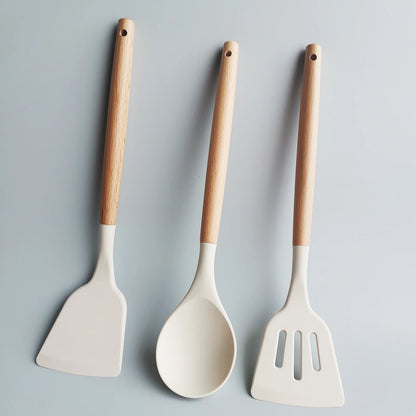 Kitchen Cooking Tool 12Pcs Food Grade Silicone Cookware Utensils Spatula Spoon with Wooden Handle,Kitchenware Gadgets Sets