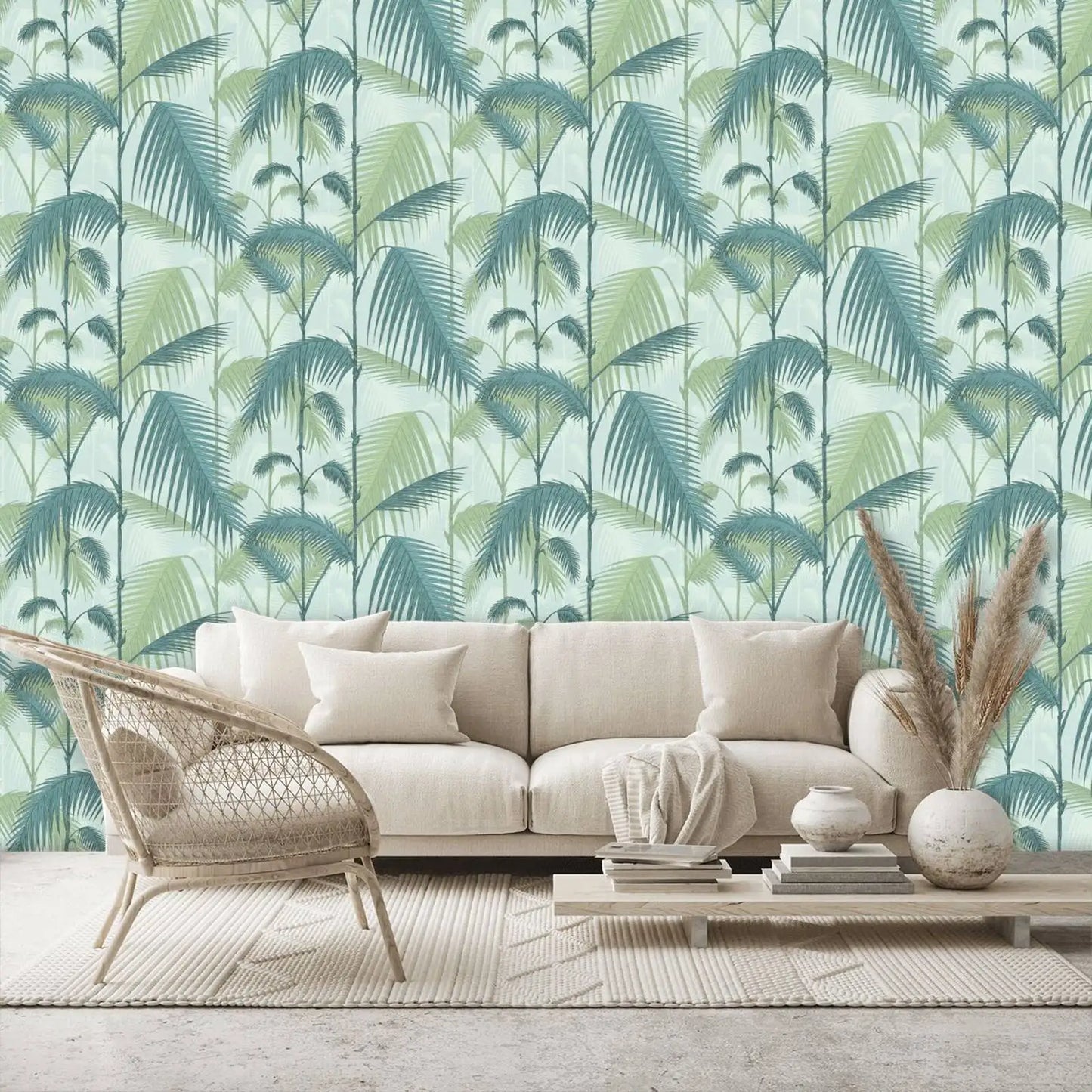 Palm Jungle Wallpaper in Light Green, Papier peint Palm Leaves,Tropical Botanical Wallpaper in scandinavian style,Un-paste Mural