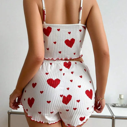 Women’s 2PCS Heart Print Pajama Set, Sleeveless Crop Top and Shorts, Soft Comfy Sleepwear Loungewear for Summer Nightwear