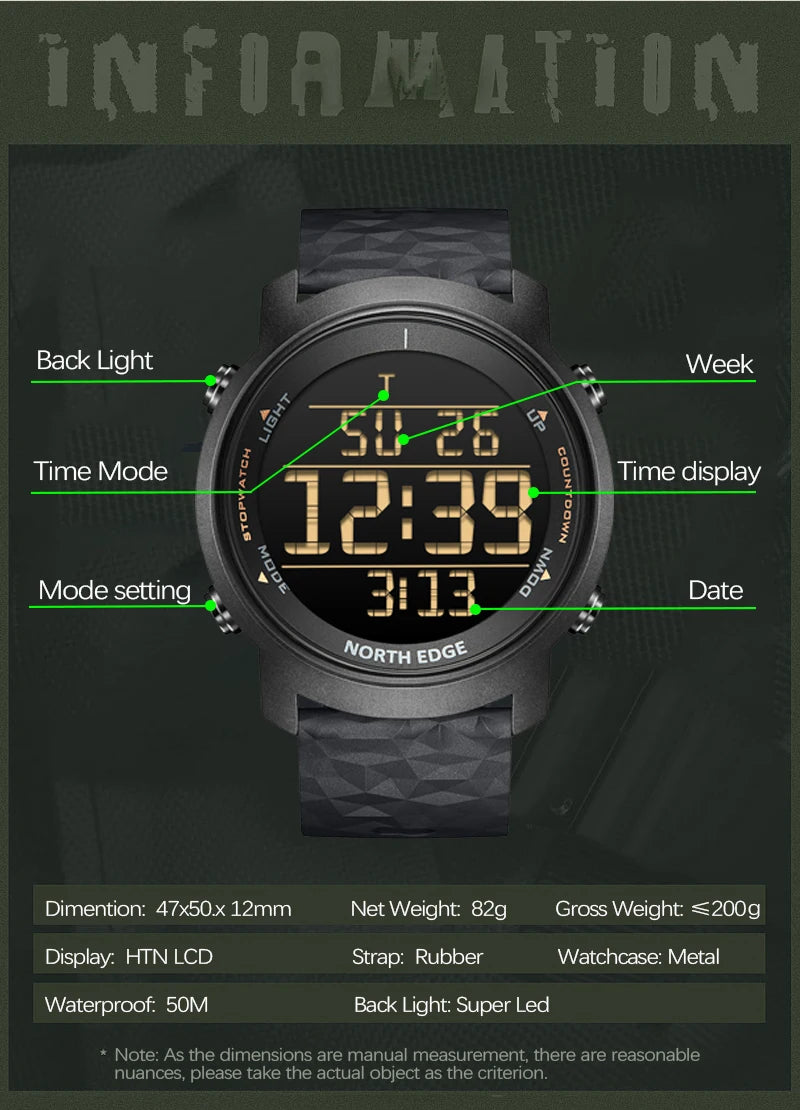 NORTH EDGE Men Watch Digital Watch Outdoor Sports Watch Fashion LED Men Watch Waterproof 50M Countdown Alarm Clock 2022New Watch