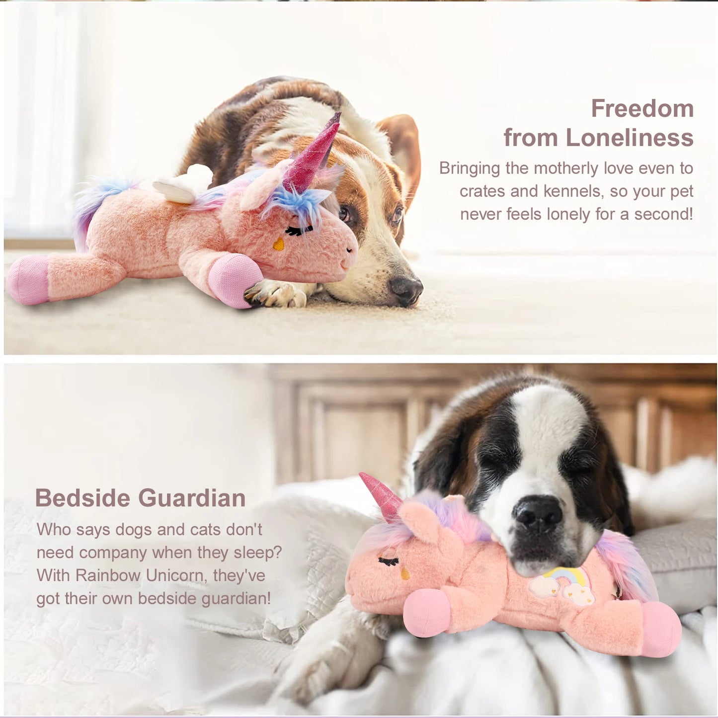 PETFULED Unicorn Heartbeat Dog Toys Plush Toys Comfort Puppy Toys Stress Reducing Sleep Aid Crate Toys, Durable Chew Toys for Do