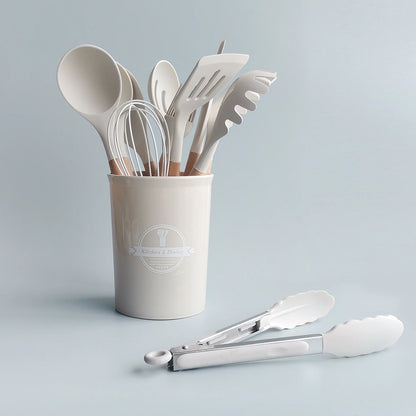 Kitchen Cooking Tool 12Pcs Food Grade Silicone Cookware Utensils Spatula Spoon with Wooden Handle,Kitchenware Gadgets Sets