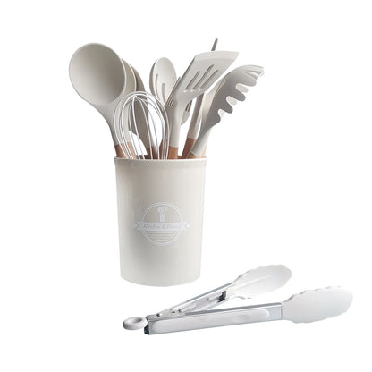 Kitchen Cooking Tool 12Pcs Food Grade Silicone Cookware Utensils Spatula Spoon with Wooden Handle,Kitchenware Gadgets Sets