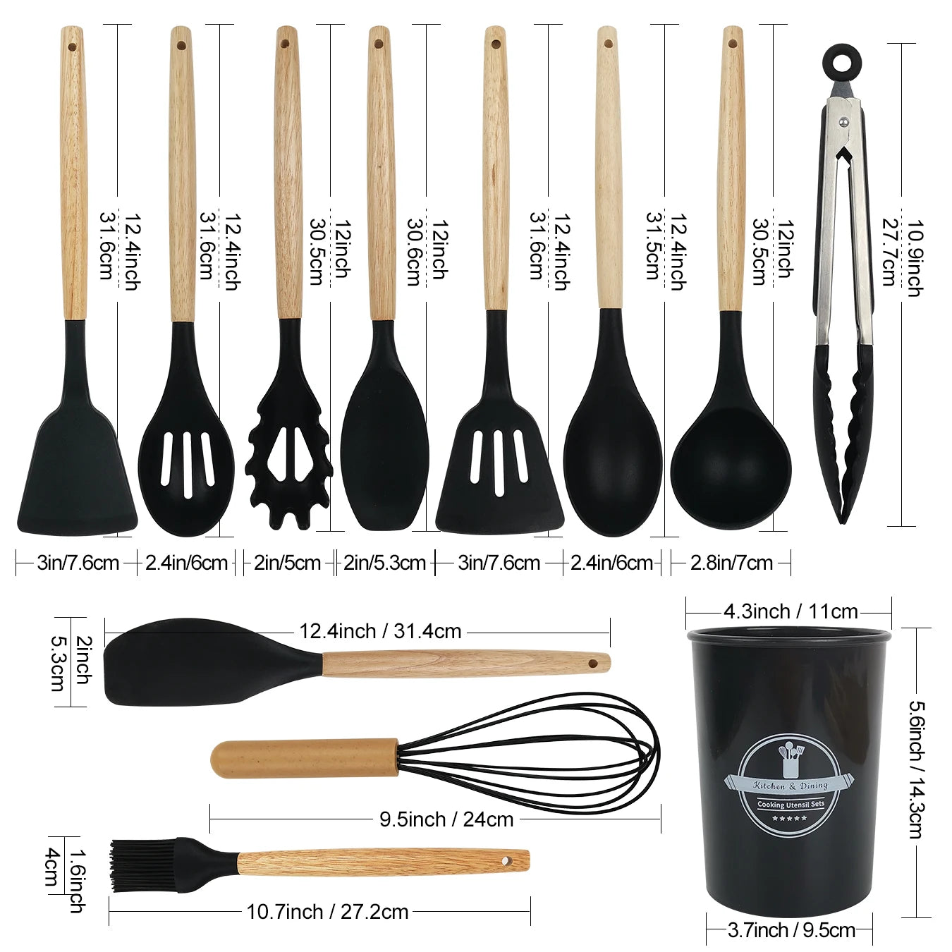 Kitchen Cooking Tool 12Pcs Food Grade Silicone Cookware Utensils Spatula Spoon with Wooden Handle,Kitchenware Gadgets Sets