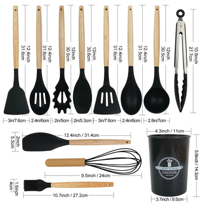 Kitchen Cooking Tool 12Pcs Food Grade Silicone Cookware Utensils Spatula Spoon with Wooden Handle,Kitchenware Gadgets Sets