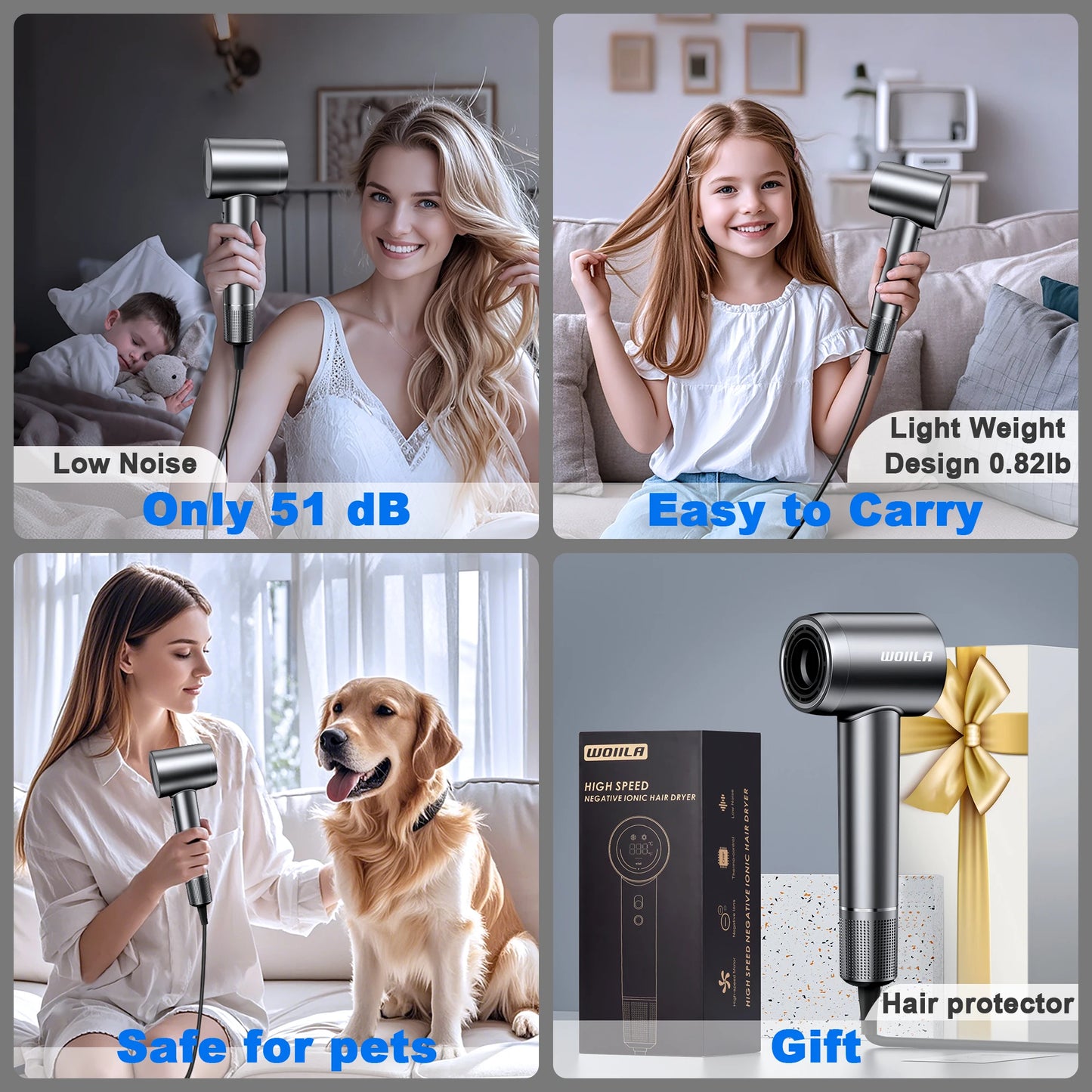 Hair Dryer - Negative Ionic Blow Dryer with 150000 RPM High Speed Brushless Motor for Fast Drying, Low Noise, HD Display Hair Dr