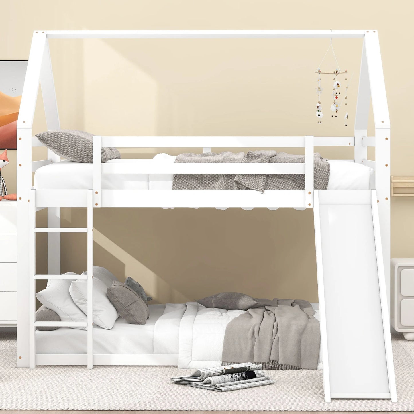 140x200cm Double bed children's bed house bed bunk bed with slide and ladder, children's room high double bunk bed, white
