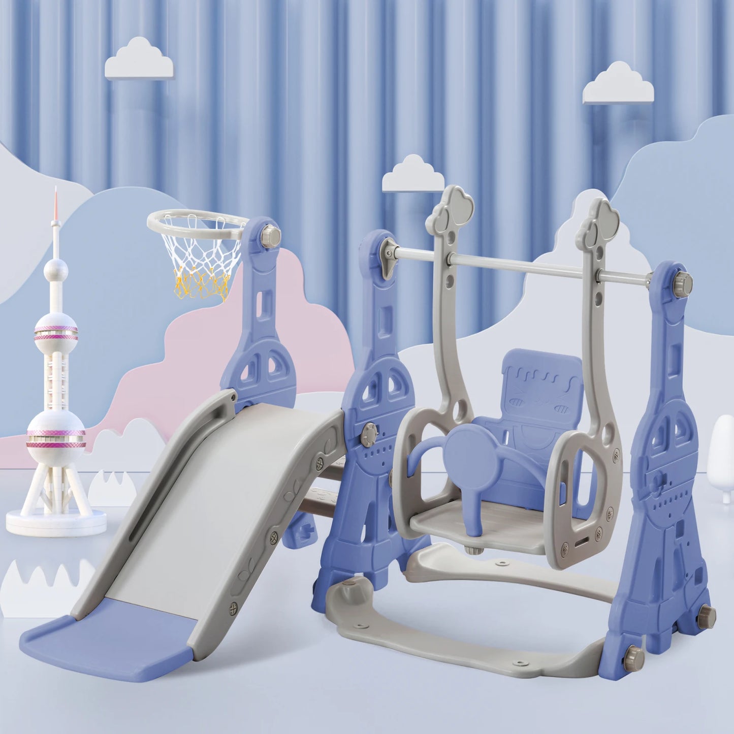 Comanlai Slide for children, 4 in 1 children's slide swing with basketball stand, climbing ladder, swing slide