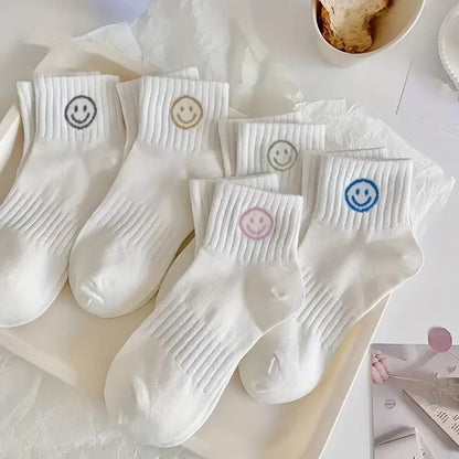 5 Pairs of Whimsical Cartoon Face Print Short Socks - Soft, Breathable, and Comfortable Polyester Knit Fabric