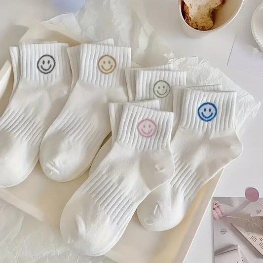 5 Pairs of Whimsical Cartoon Face Print Short Socks - Soft, Breathable, and Comfortable Polyester Knit Fabric