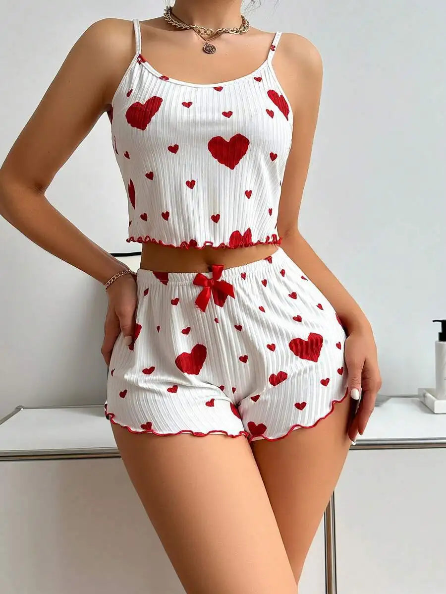 Women’s 2PCS Heart Print Pajama Set, Sleeveless Crop Top and Shorts, Soft Comfy Sleepwear Loungewear for Summer Nightwear