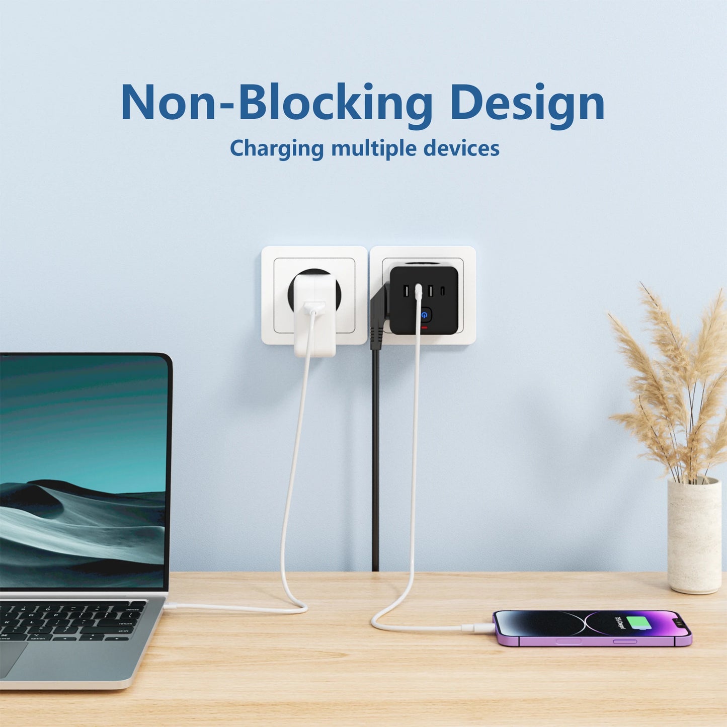 7-in-1 EU Power Strip, Power Strip Surge Protector 3 AC Outlets 3 USB 1 Type-C, Desktop Charging Station With Overload Protecti