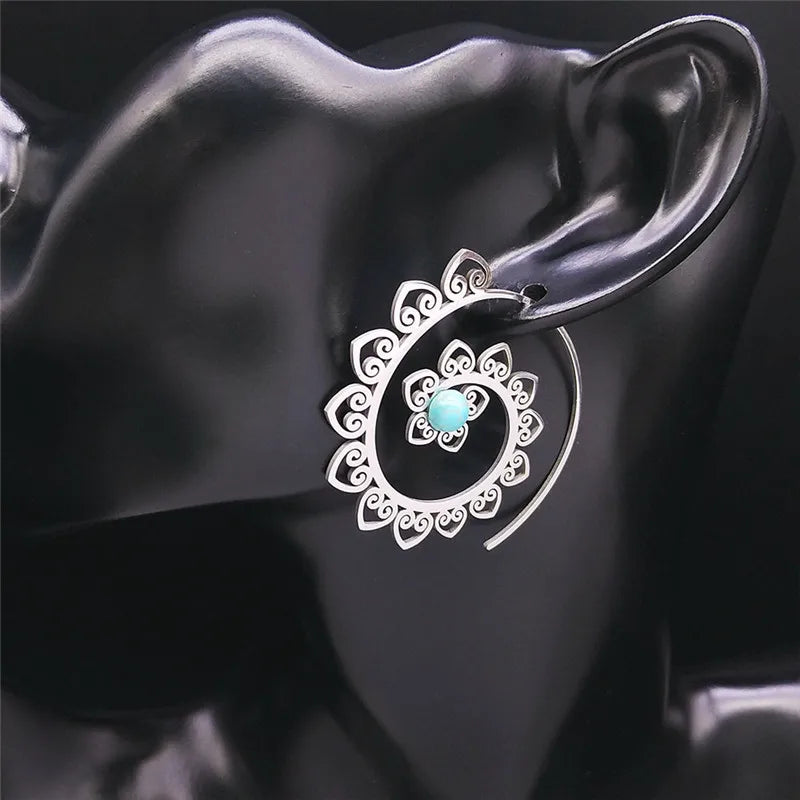 Vintage Ethnic Indian Carved Mandala Flower Dangle Earrings Stainless Steel Stone Boho Hollow Earring Jewelry pendientes flor